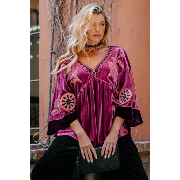 easel Tops - Plus Size Easel Velvet Top with Embroidery - 1X-3X
